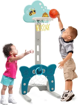 4-in-1 Toddler Basketball Hoop - Adjustable Height Kids Sports Set With Soccer Goal, Ring Toss, Golf Play - Indoor Outdoor Blue
