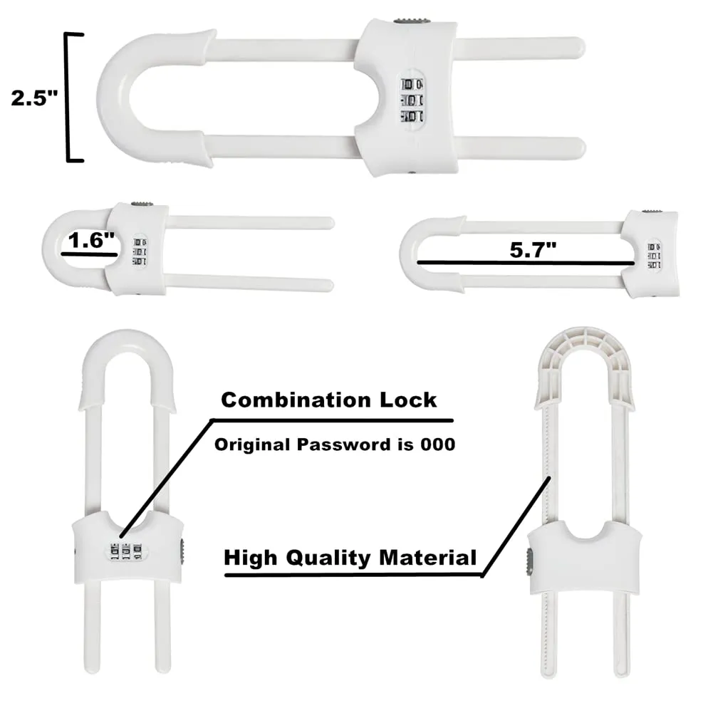 4 PACK Child Proof Sliding Cabinet Door Code Locks Baby Safety Cupboard Locks Adjustable U Shaped Cabinet Latches for Knob Handle Drawers Closet (4 PCS, White)