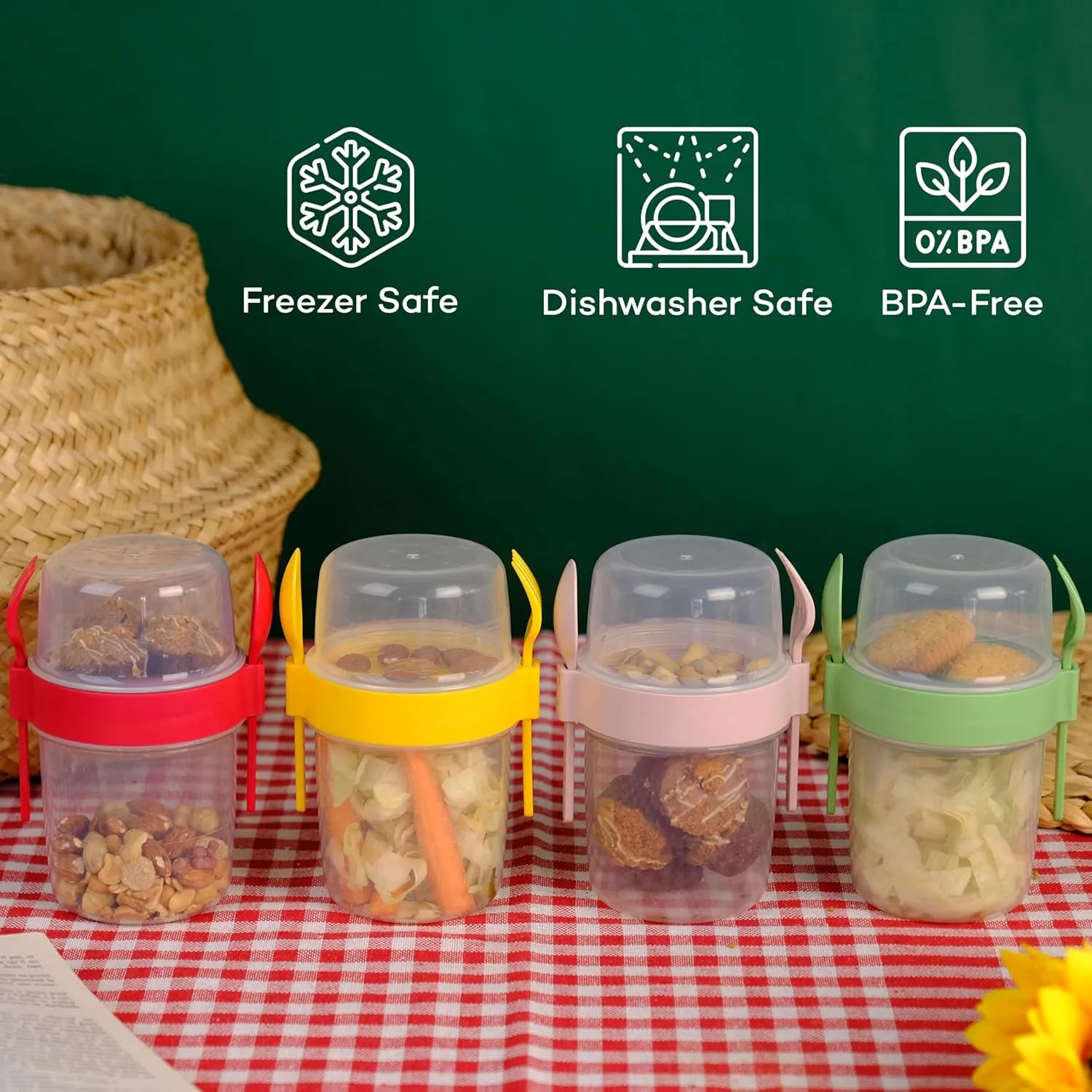 4 Pack On The Go 21.9 oz Breakfast Cups with Lids and Spoon, Reusable Cereal Yogurt Cup with Topping Plastic Overnight Oats Container for Granola Oatmeal (21.9 oz - 4 Colors Set)