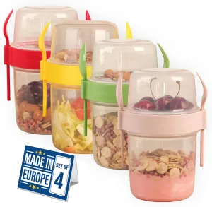 4 Pack On The Go 21.9 oz Breakfast Cups with Lids and Spoon, Reusable Cereal Yogurt Cup with Topping Plastic Overnight Oats Container for Granola Oatmeal (21.9 oz - 4 Colors Set)