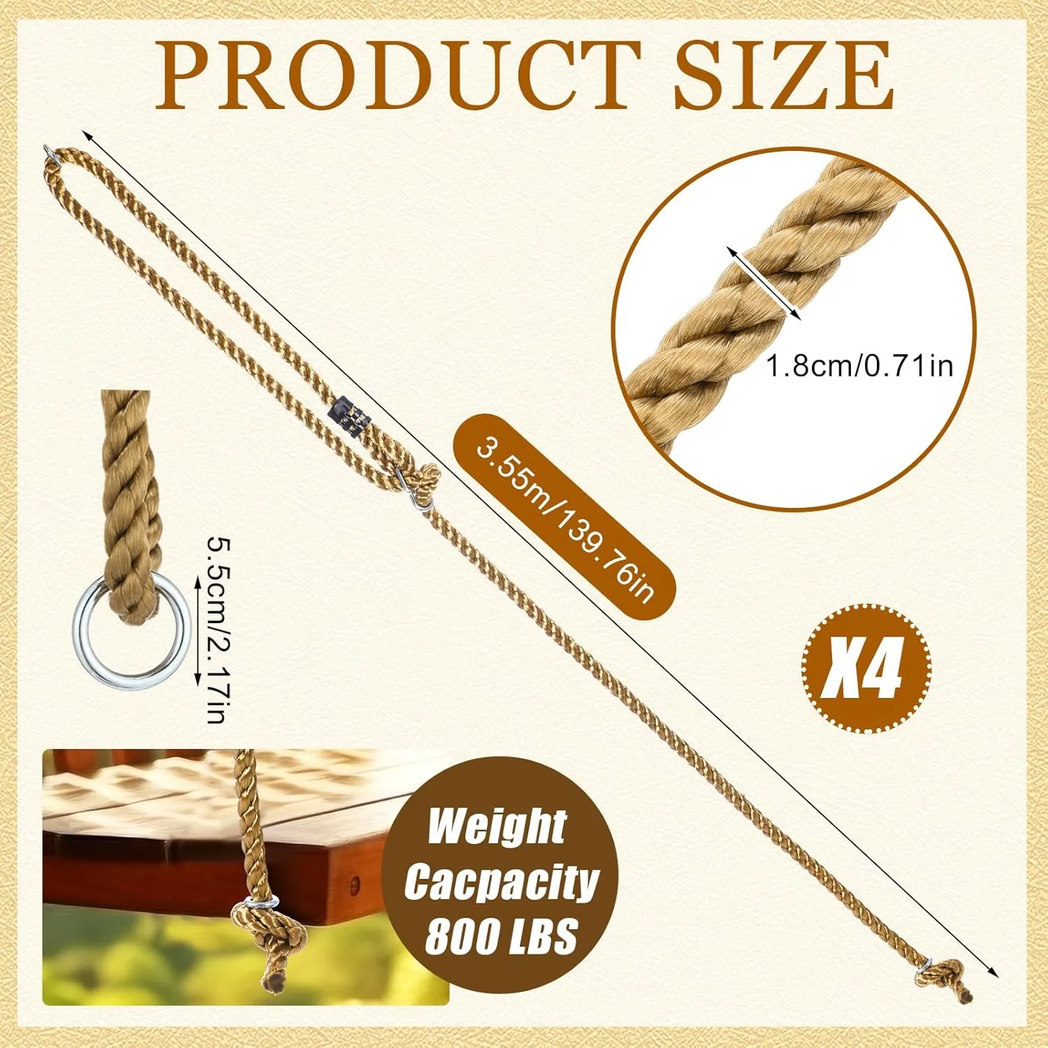 4 Pack Porch Swing Rope Kit Swing Bed Straps Holds 800 Lbs Adjustable Polypropylene Rope Heavy Duty Carabiners for Porch Garden Playground(140 Inches,11.6ft)