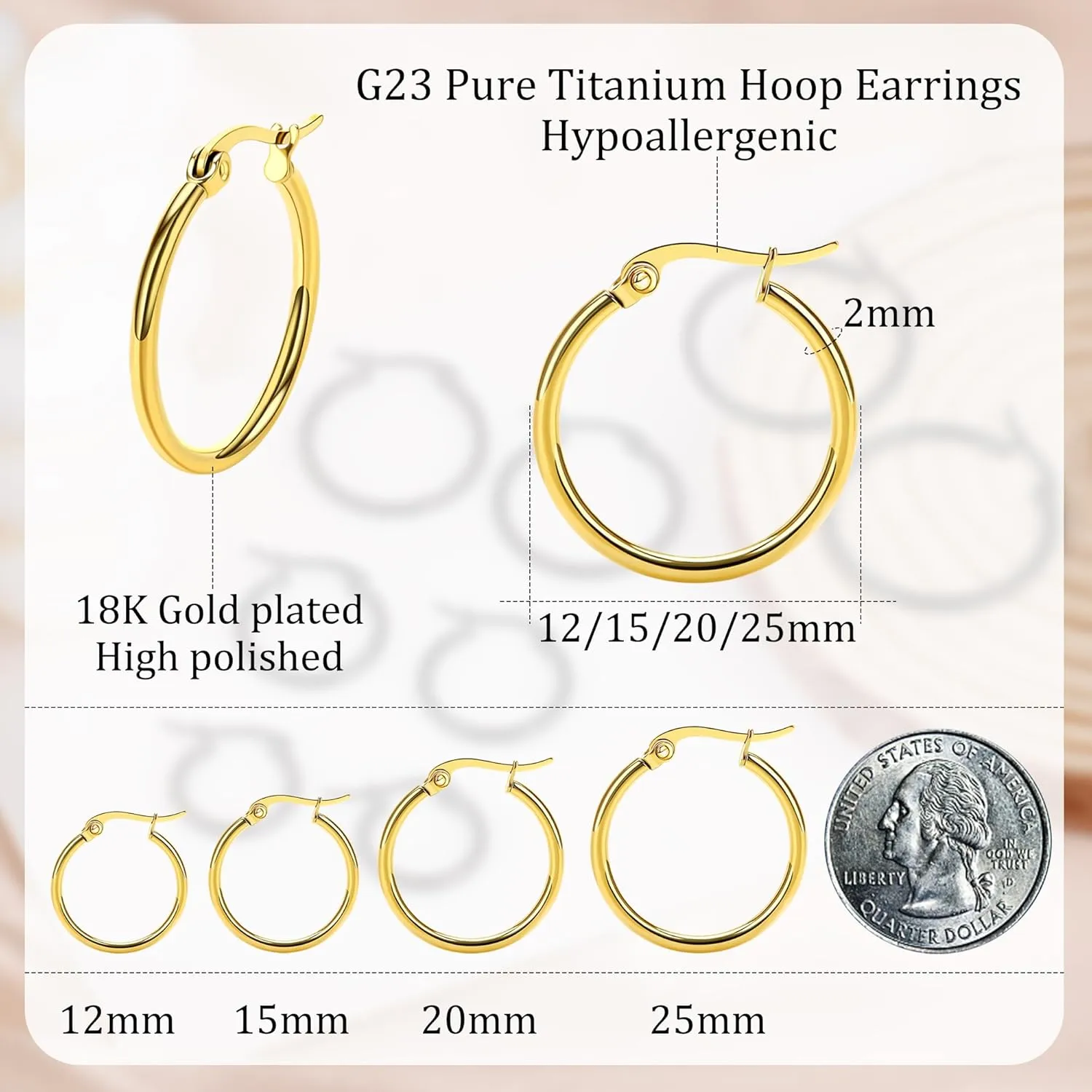 4 Pairs Titanium Hoop Earrings for Sensitive Ears Hypoallergenic Pure Titanium Earrings for Women Men G23 Lightweight Small Huggie Hoop Earrings Set 12MM 15MM 20MM 25MM