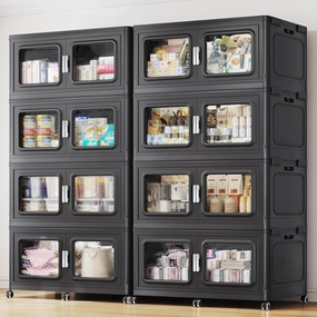 440Gal/1760Qt Extra Large Storage Bins Stackable with Lids & Wheels, Heavy-Duty Collapsible Plastic Cabinets, Front Open Door for Clothes, Sundries in Home Garage Attic Office, Black 8-Pack