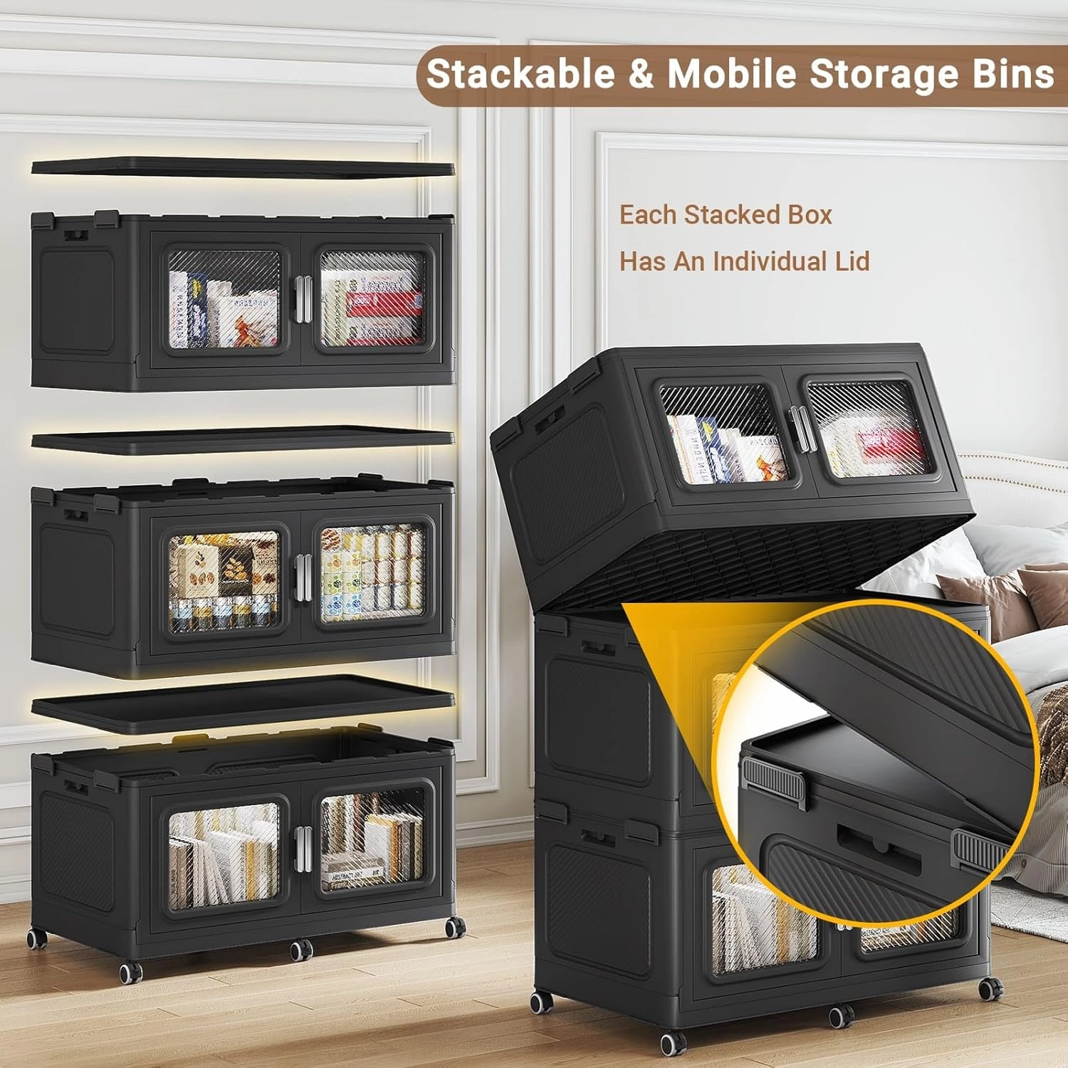 440Gal/1760Qt Extra Large Storage Bins Stackable with Lids & Wheels, Heavy-Duty Collapsible Plastic Cabinets, Front Open Door for Clothes, Sundries in Home Garage Attic Office, Black 8-Pack