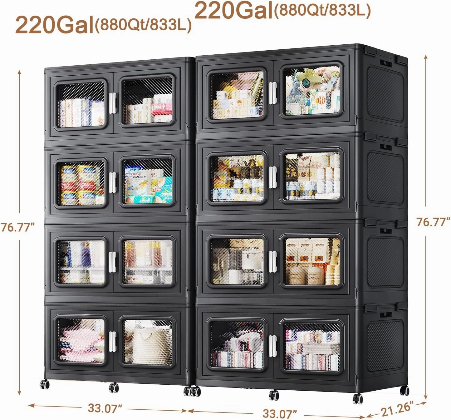 440Gal/1760Qt Extra Large Storage Bins Stackable with Lids & Wheels, Heavy-Duty Collapsible Plastic Cabinets, Front Open Door for Clothes, Sundries in Home Garage Attic Office, Black 8-Pack