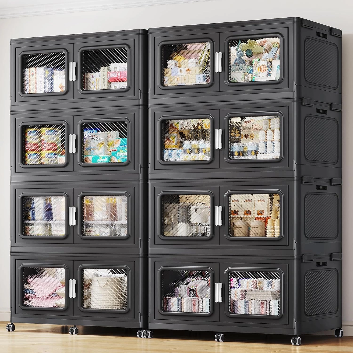 440Gal/1760Qt Extra Large Storage Bins Stackable with Lids & Wheels, Heavy-Duty Collapsible Plastic Cabinets, Front Open Door for Clothes, Sundries in Home Garage Attic Office, Black 8-Pack