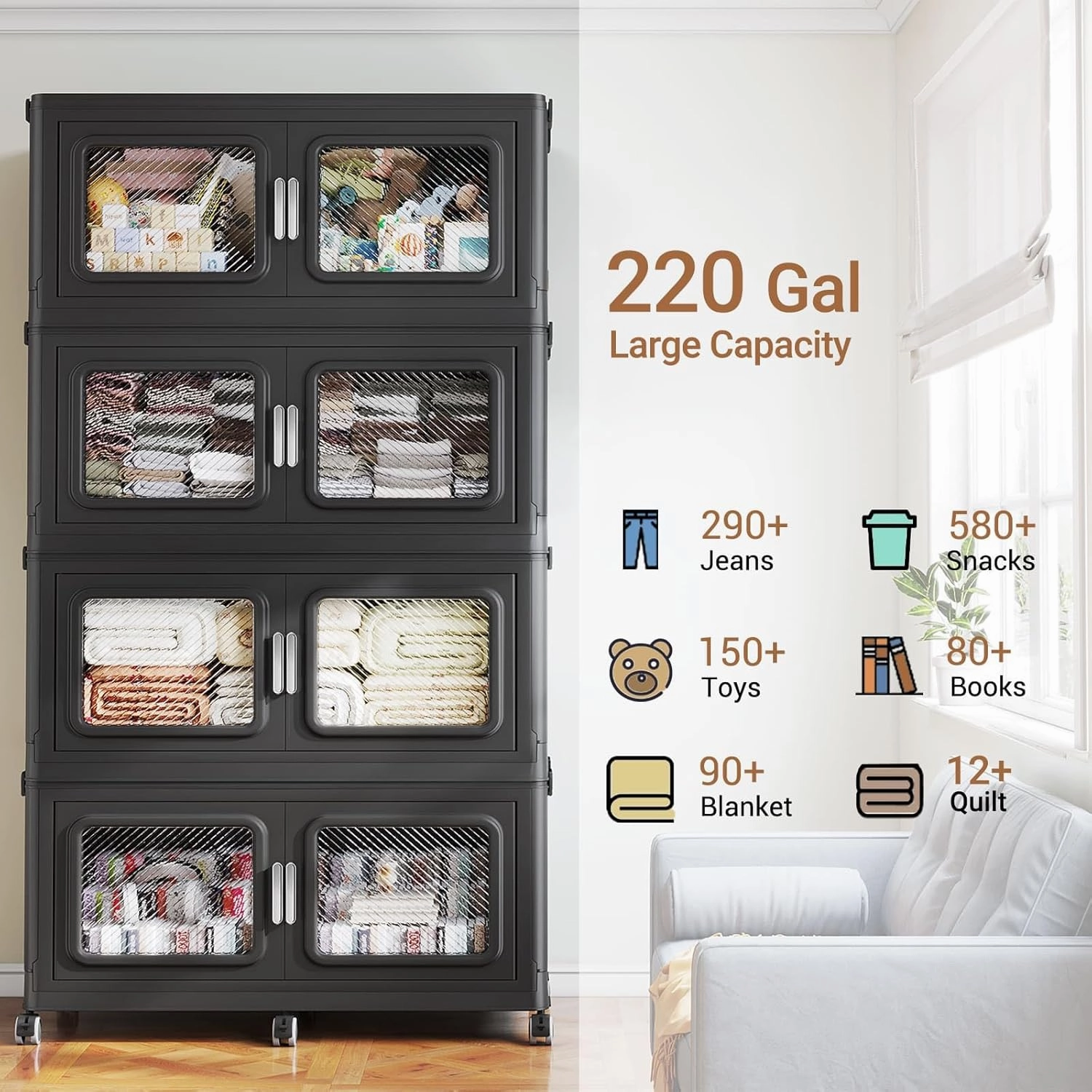 440Gal/1760Qt Extra Large Storage Bins Stackable with Lids & Wheels, Heavy-Duty Collapsible Plastic Cabinets, Front Open Door for Clothes, Sundries in Home Garage Attic Office, Black 8-Pack
