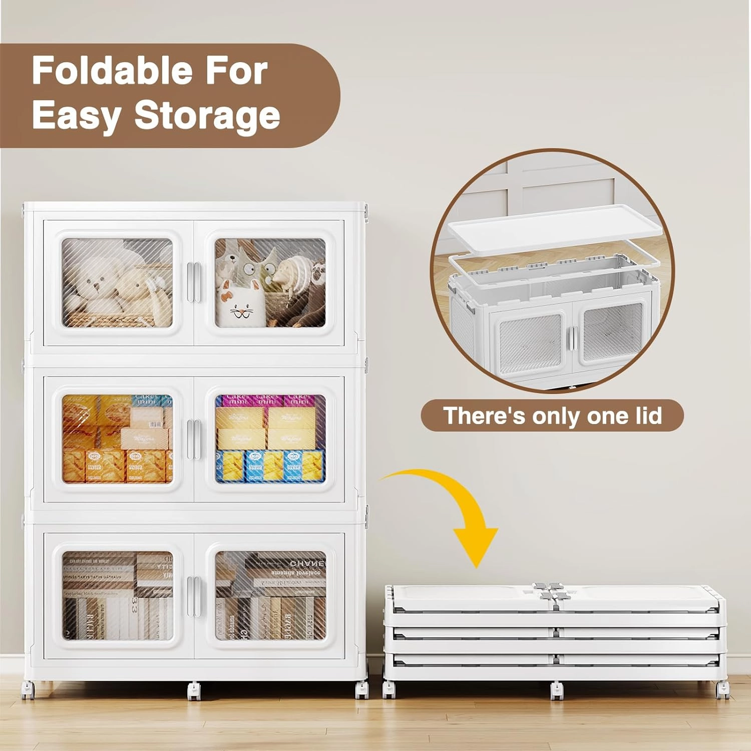 440Gal Extra Large Stackable Storage Bins with Lids & Wheels - Heavy Duty Collapsible Plastic Cabinets, Open Front Door for Effortless Clothes & Sundries in Home & Office, White 8 Pack