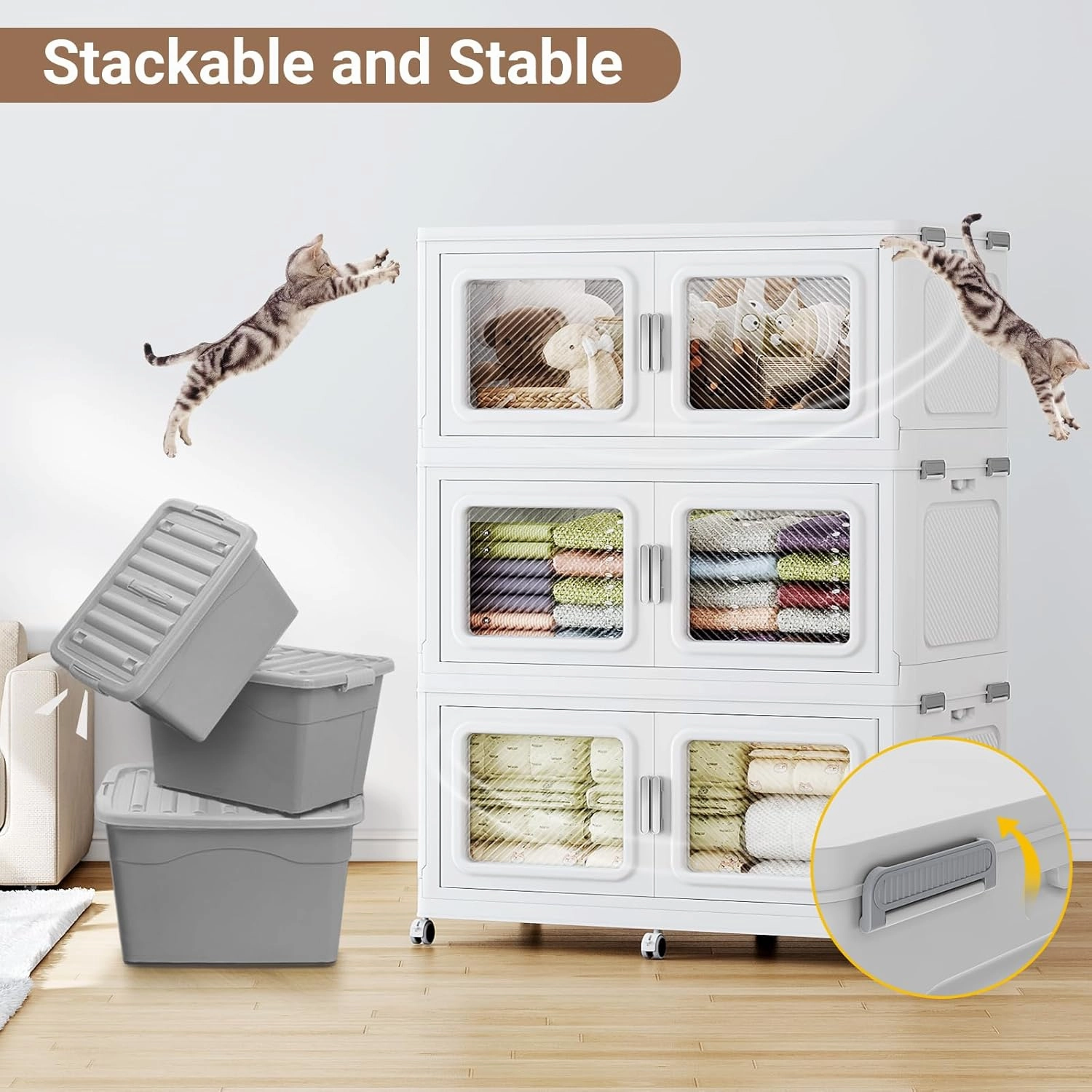 440Gal Extra Large Stackable Storage Bins with Lids & Wheels - Heavy Duty Collapsible Plastic Cabinets, Open Front Door for Effortless Clothes & Sundries in Home & Office, White 8 Pack