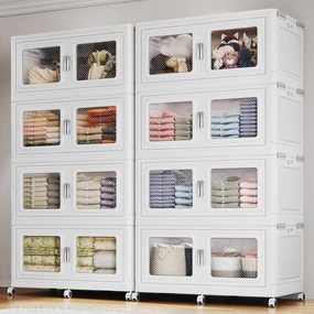 440Gal Extra Large Stackable Storage Bins with Lids & Wheels - Heavy Duty Collapsible Plastic Cabinets, Open Front Door for Effortless Clothes & Sundries in Home & Office, White 8 Pack