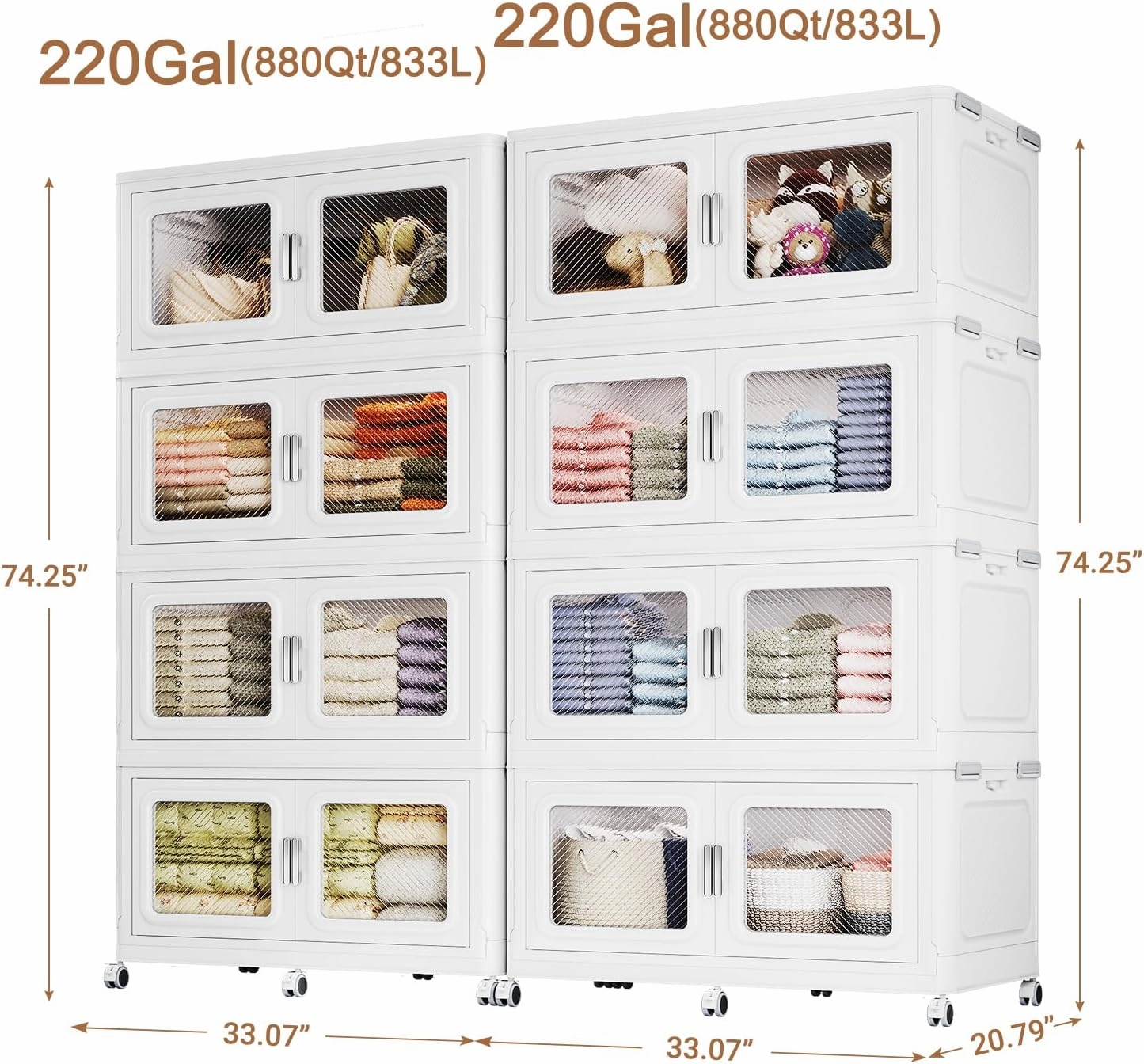 440Gal Extra Large Stackable Storage Bins with Lids & Wheels - Heavy Duty Collapsible Plastic Cabinets, Open Front Door for Effortless Clothes & Sundries in Home & Office, White 8 Pack