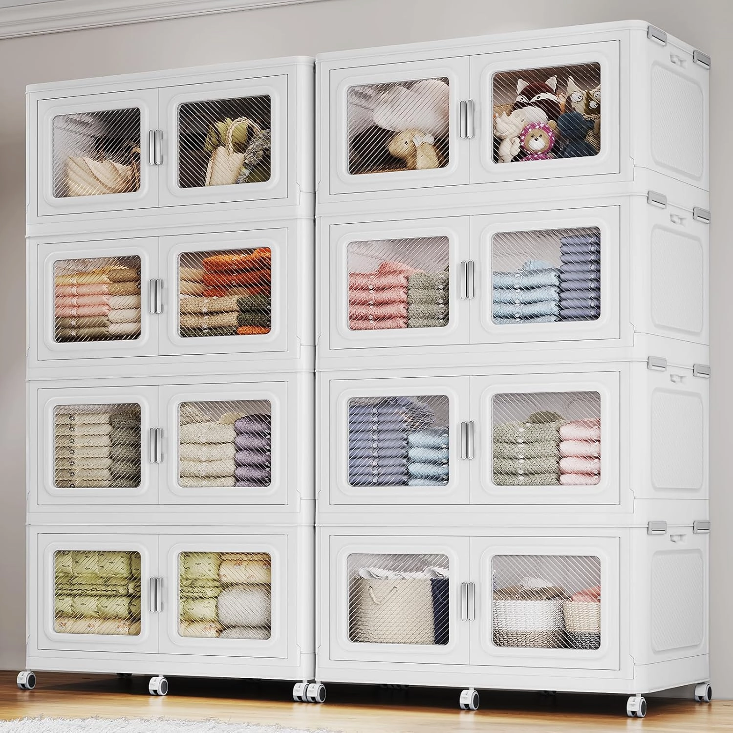 440Gal Extra Large Stackable Storage Bins with Lids & Wheels - Heavy Duty Collapsible Plastic Cabinets, Open Front Door for Effortless Clothes & Sundries in Home & Office, White 8 Pack