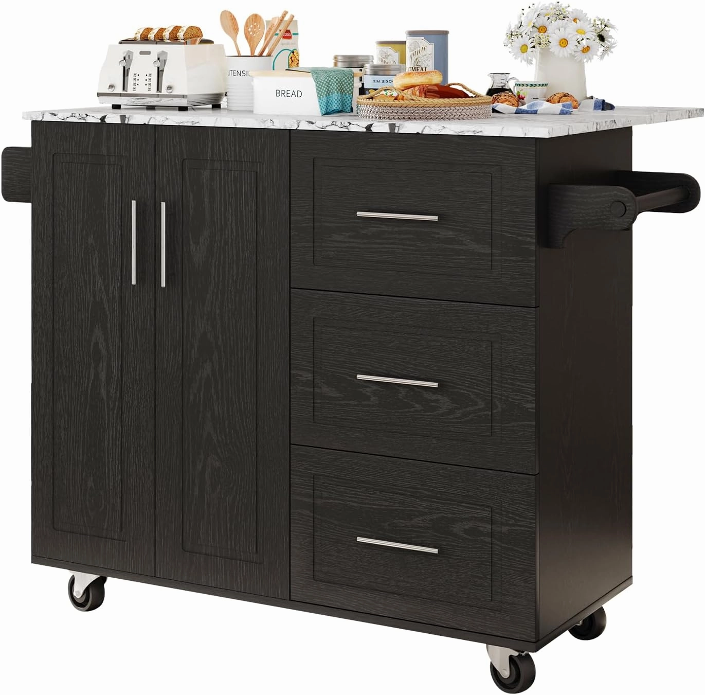 4 EVER WINNER Rolling Kitchen Island with Storage and Drop Leaf, White Marble Tabletop, 43" Kitchen Carts on Wheels with Towel Rack & Spice Rack, Portable Islands for Kitchen, Black