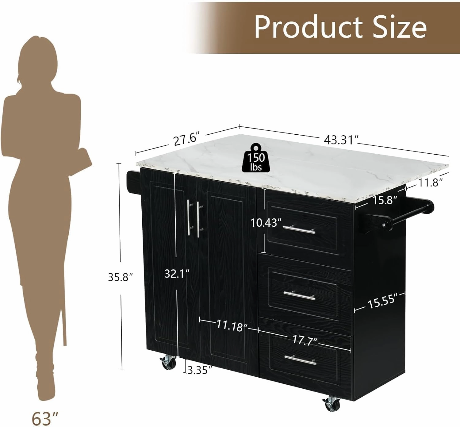 4 EVER WINNER Rolling Kitchen Island with Storage and Drop Leaf, White Marble Tabletop, 43" Kitchen Carts on Wheels with Towel Rack & Spice Rack, Portable Islands for Kitchen, Black