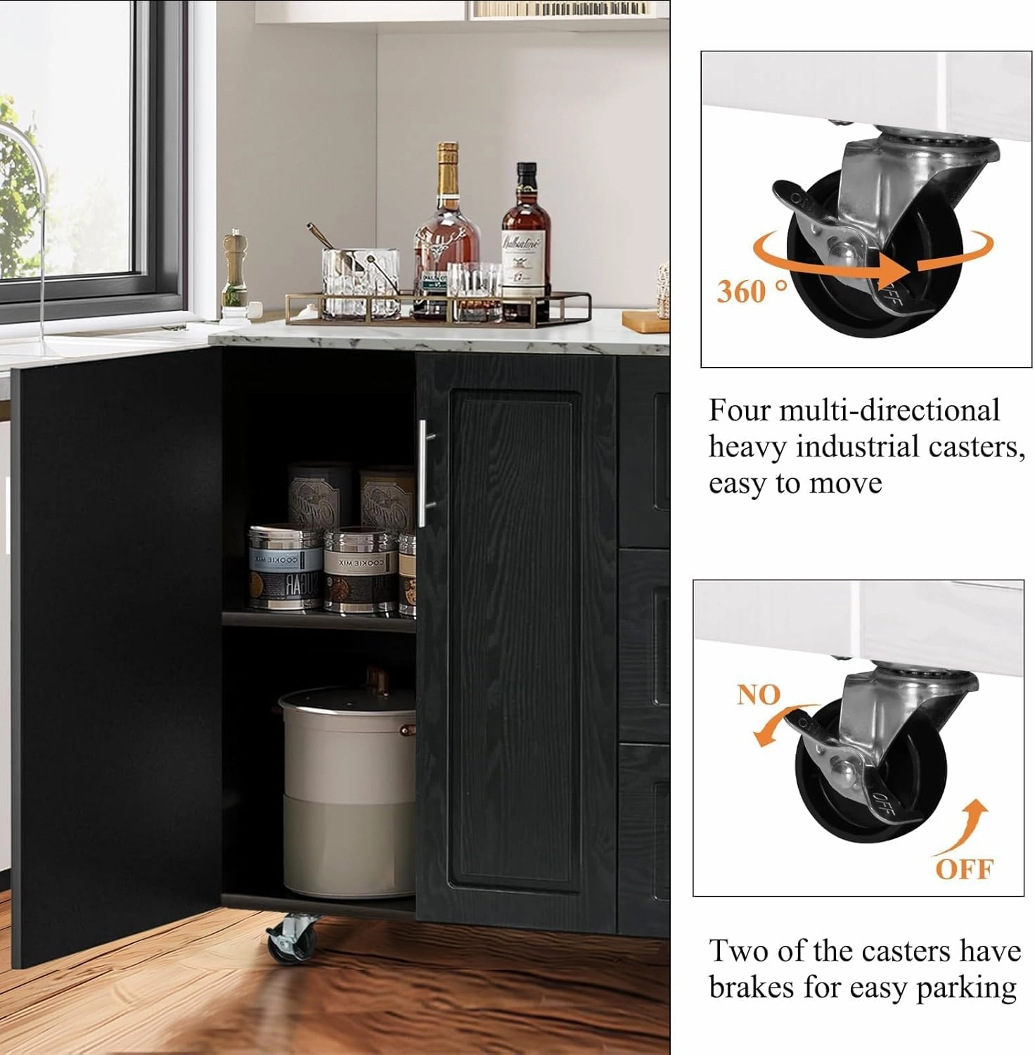 4 EVER WINNER Rolling Kitchen Island with Storage and Drop Leaf, White Marble Tabletop, 43" Kitchen Carts on Wheels with Towel Rack & Spice Rack, Portable Islands for Kitchen, Black