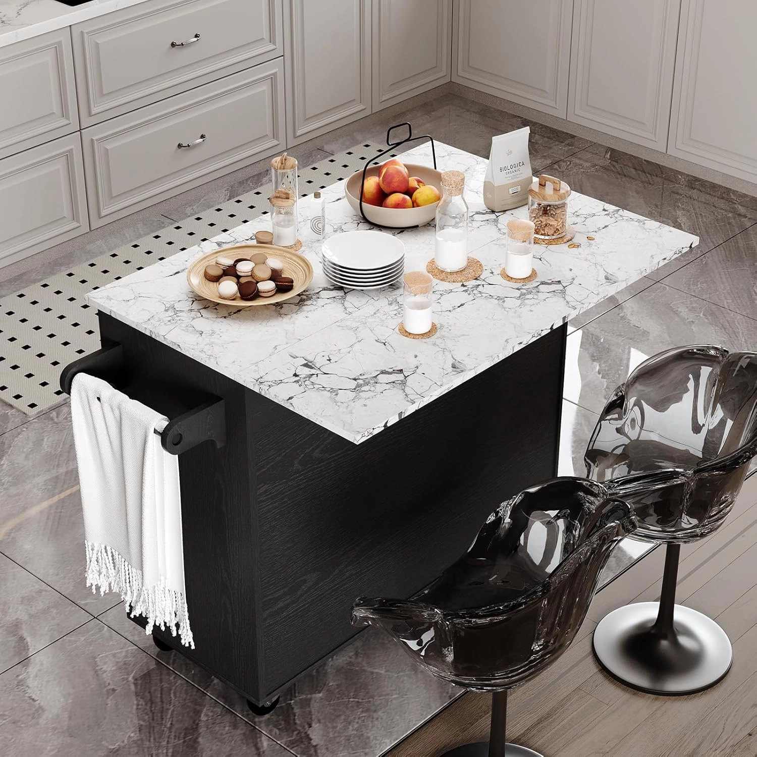 4 EVER WINNER Rolling Kitchen Island with Storage and Drop Leaf, White Marble Tabletop, 43" Kitchen Carts on Wheels with Towel Rack & Spice Rack, Portable Islands for Kitchen, Black