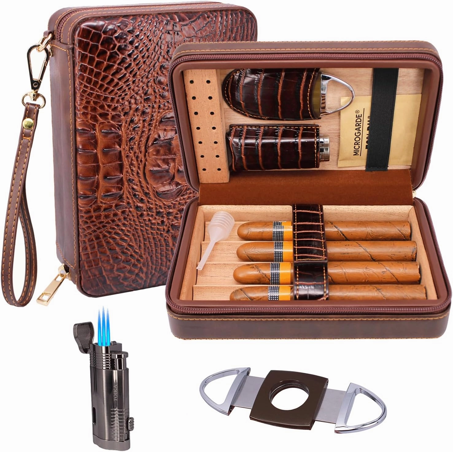 4-Finger Elegant Brown Leather Travel Cigar Case, Portable Cigar Humidor with Cutter and Lighter Gift Set