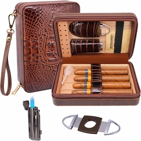 4-Finger Elegant Brown Leather Travel Cigar Case, Portable Cigar Humidor with Cutter and Lighter Gift Set