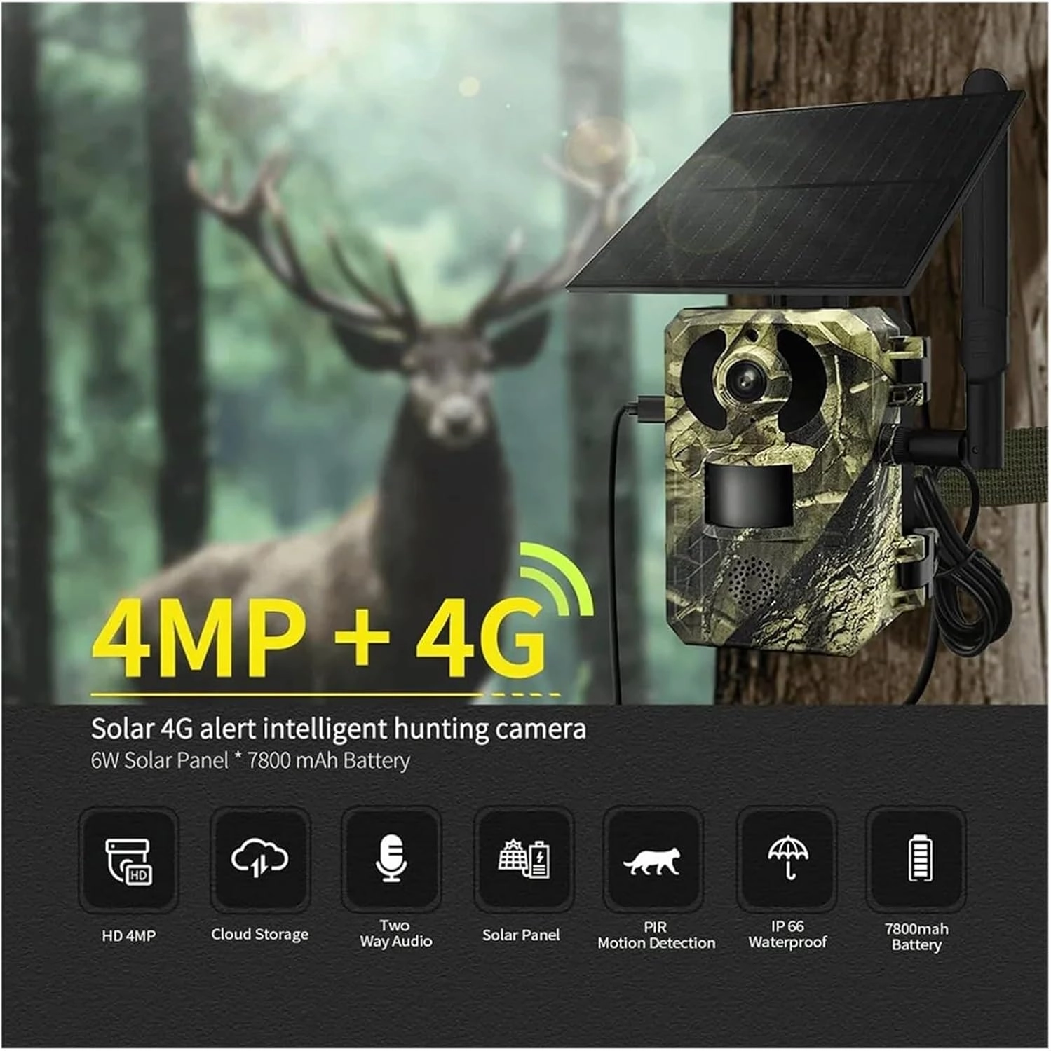 4G 2K 4MP PIR Motion Activated 0.2s Trigger Time Night Vision IP66 Hunting Trail Wildlife Battery Solar Camera(EU 4G Band)