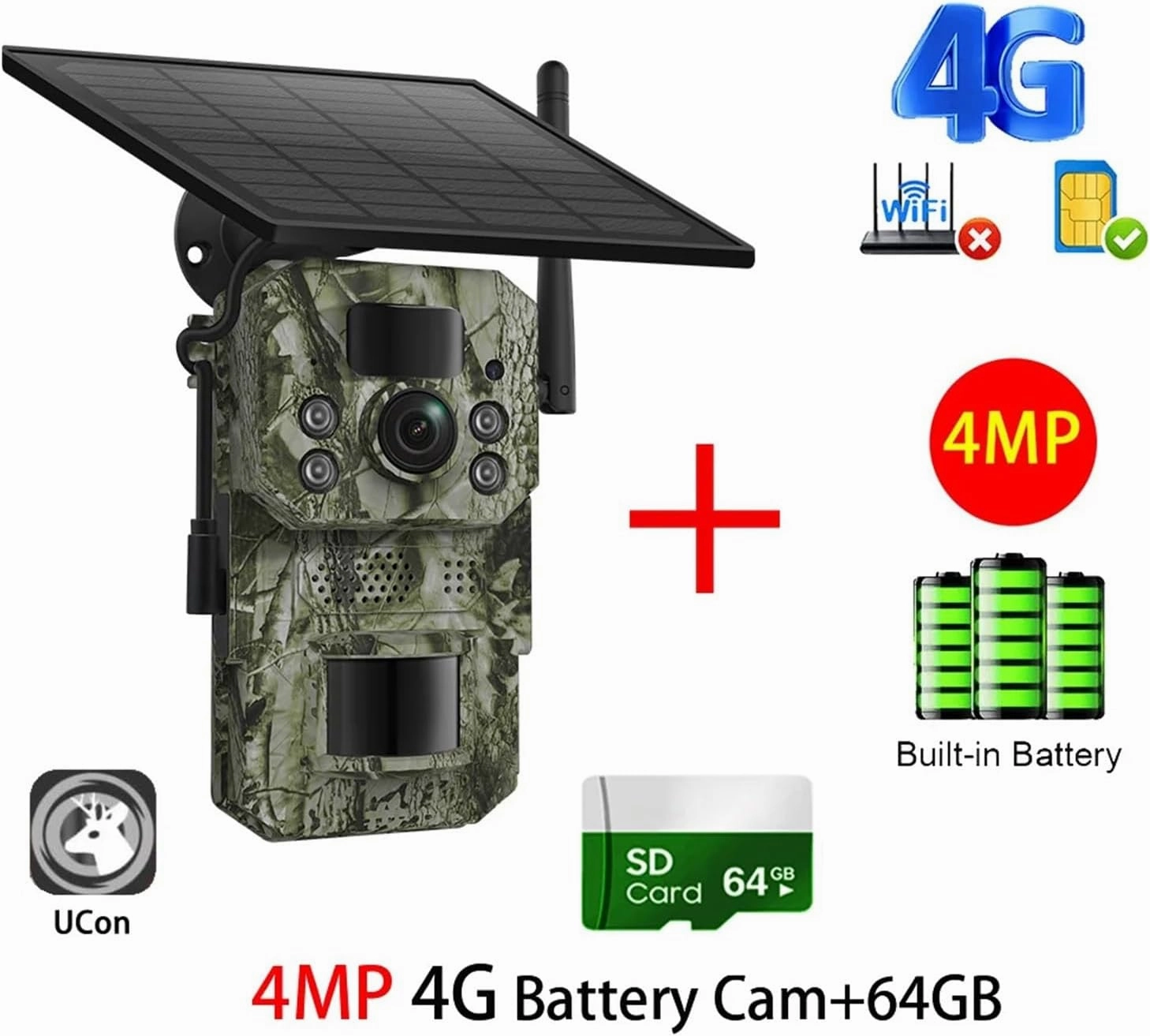 4G 2K 5MP PIR Motion Activated Trigger Time Night Vision IP66 Hunting Trail Wildlife Battery Solar Camera Forest(4MP add 64GB)