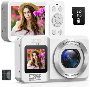 4K Digital Camera, 64MP 18X Point and Shoot Digital Cameras with 32G SD Card for Party YouTube Vlogging Portable Compact Travel Camera for Kids Student Teens Adult Beginner(White)