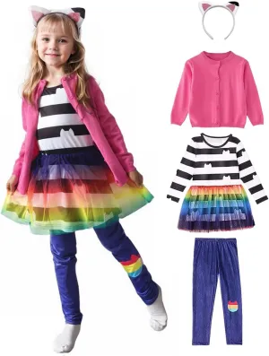 4Pcs Cat Dollhouse Costume with Pants Coat Headband for Girls, Rainbow Tutu Dress for Girls Birthday Outfit Set