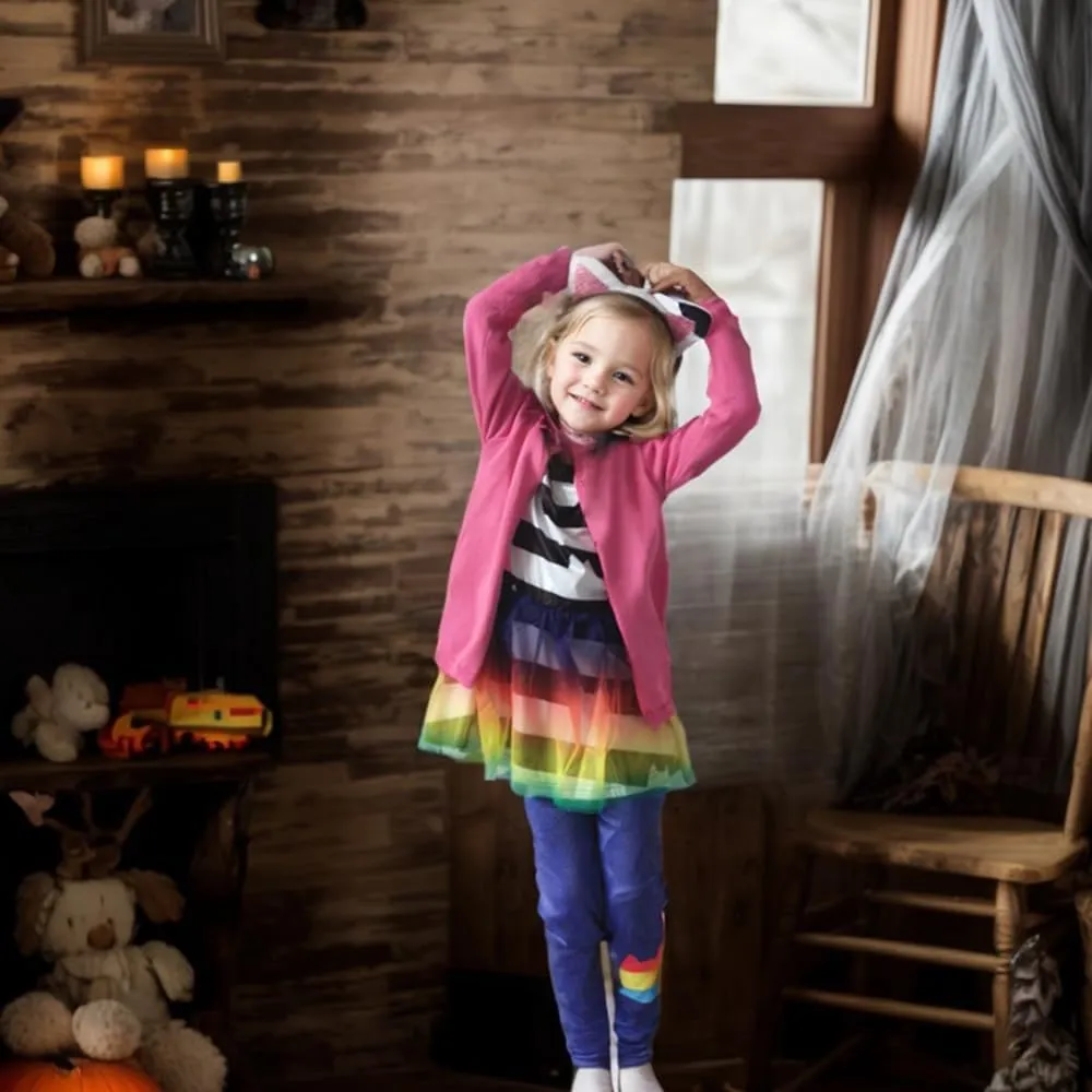 4Pcs Cat Dollhouse Costume with Pants Coat Headband for Girls, Rainbow Tutu Dress for Girls Birthday Outfit Set