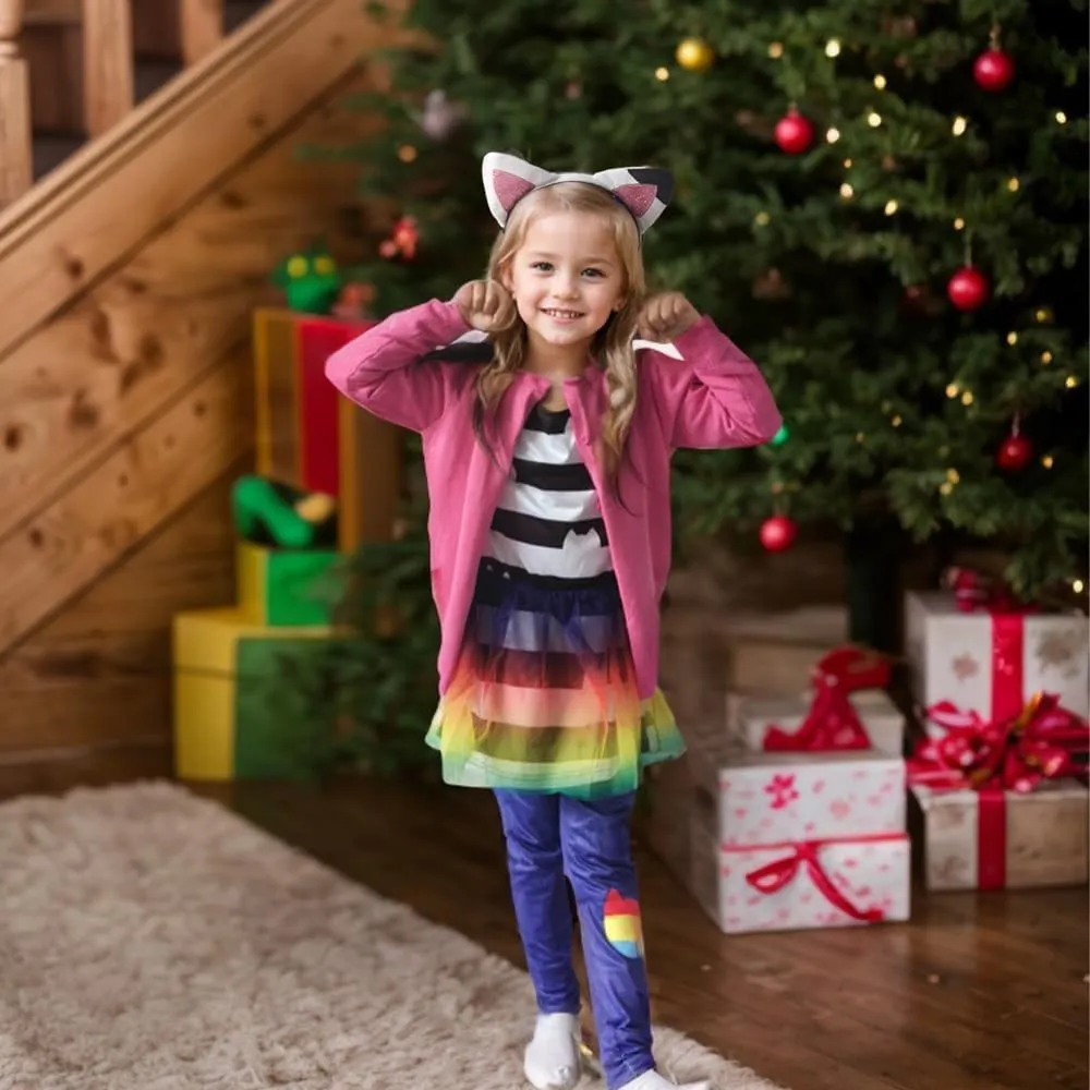 4Pcs Cat Dollhouse Costume with Pants Coat Headband for Girls, Rainbow Tutu Dress for Girls Birthday Outfit Set