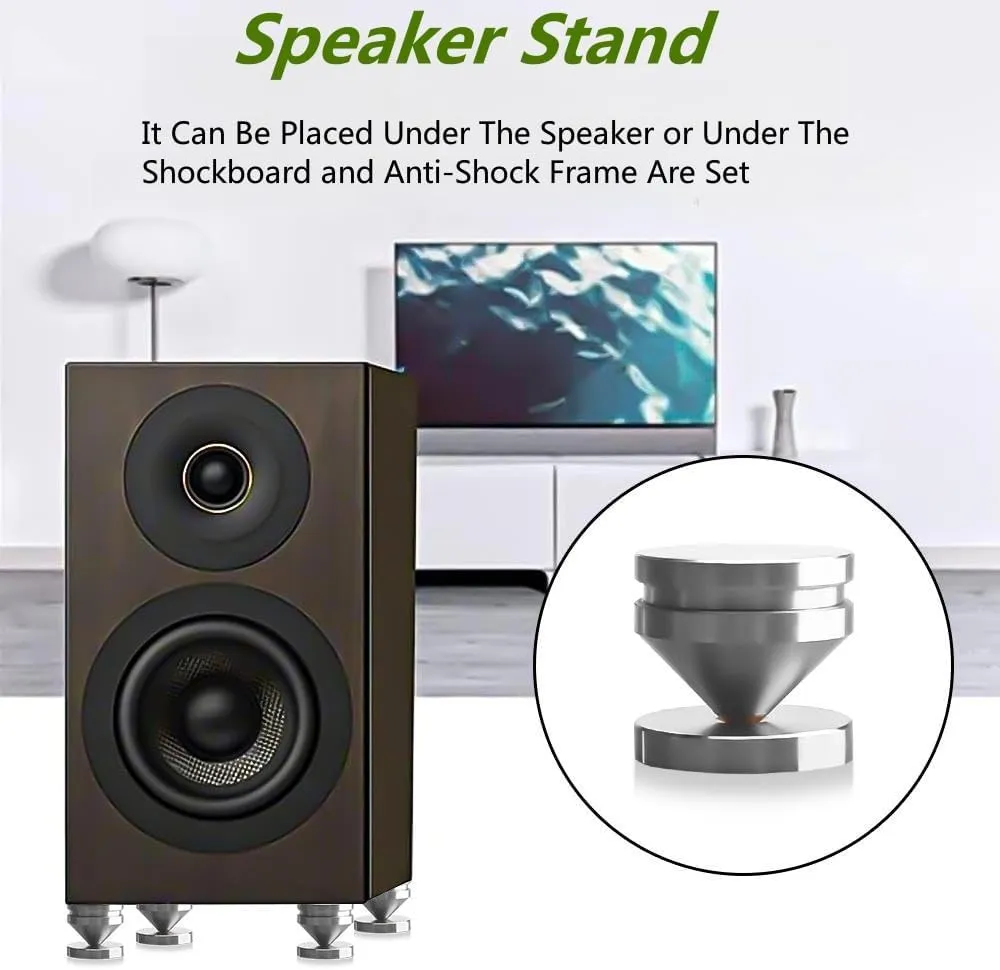 4Pcs Speaker Spikes Stands HiFi Speaker Isolation Stand Cone Shockproof Base Pad Speaker Feet with Non-Slip Rubber Rings for Audio,Speakers,Subwoofers,Turntable DAC Feet Pad. (24mmx23mm, Silver)