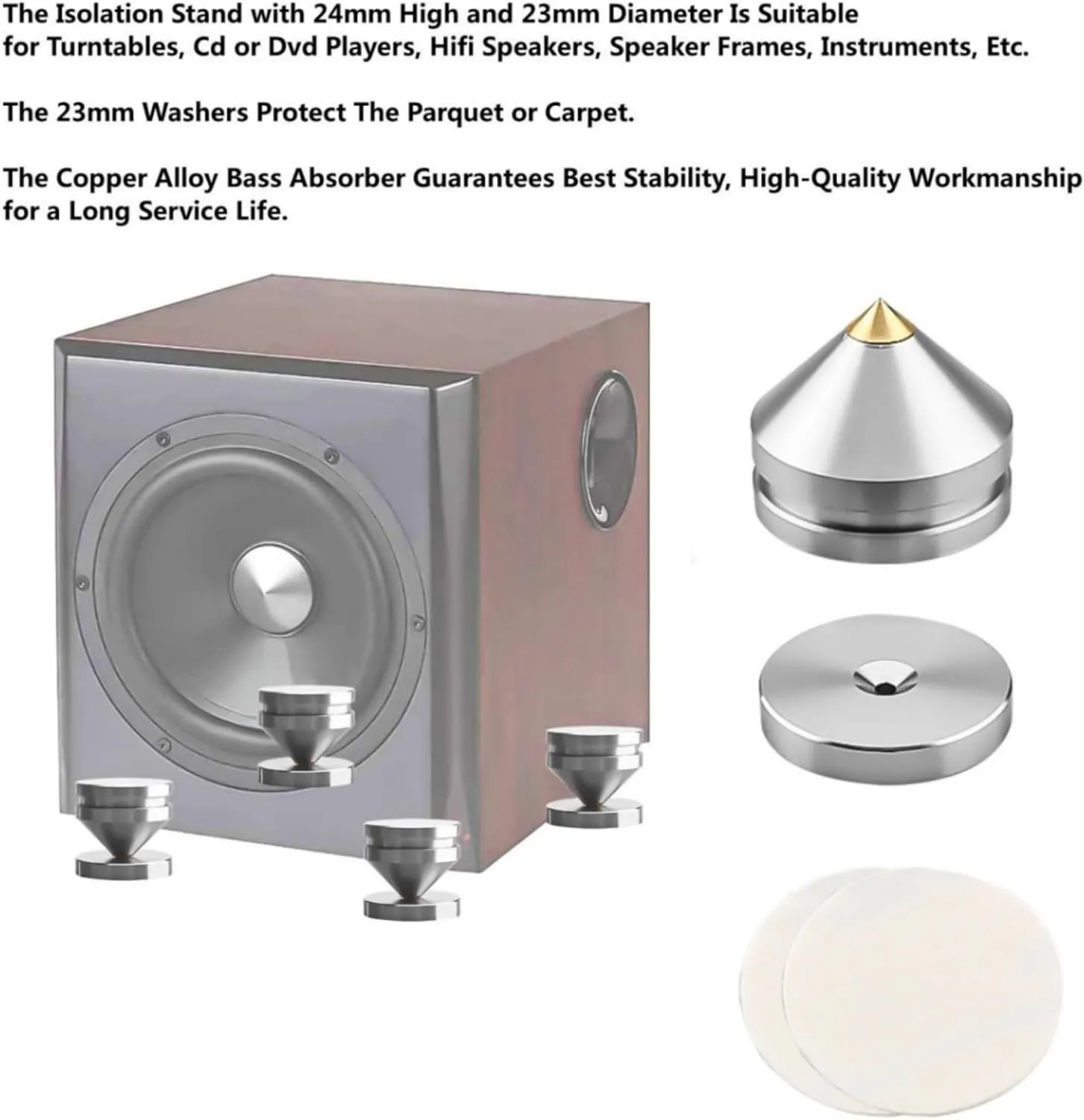 4Pcs Speaker Spikes Stands HiFi Speaker Isolation Stand Cone Shockproof Base Pad Speaker Feet with Non-Slip Rubber Rings for Audio,Speakers,Subwoofers,Turntable DAC Feet Pad. (24mmx23mm, Silver)