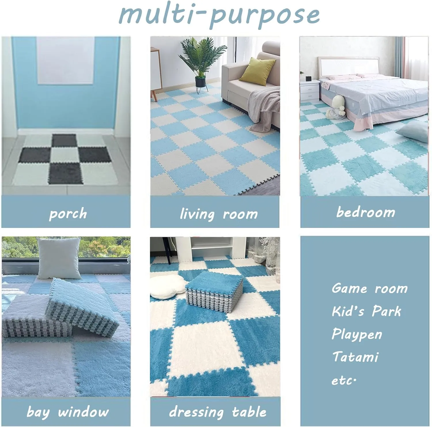 4PCS Square Interlocking Foam Tiles, Soft Plush Carpet Tiles, Fluffy Area Rugs Set, Puzzle Play Mat for Bedroom,Light Blue,12x12inch