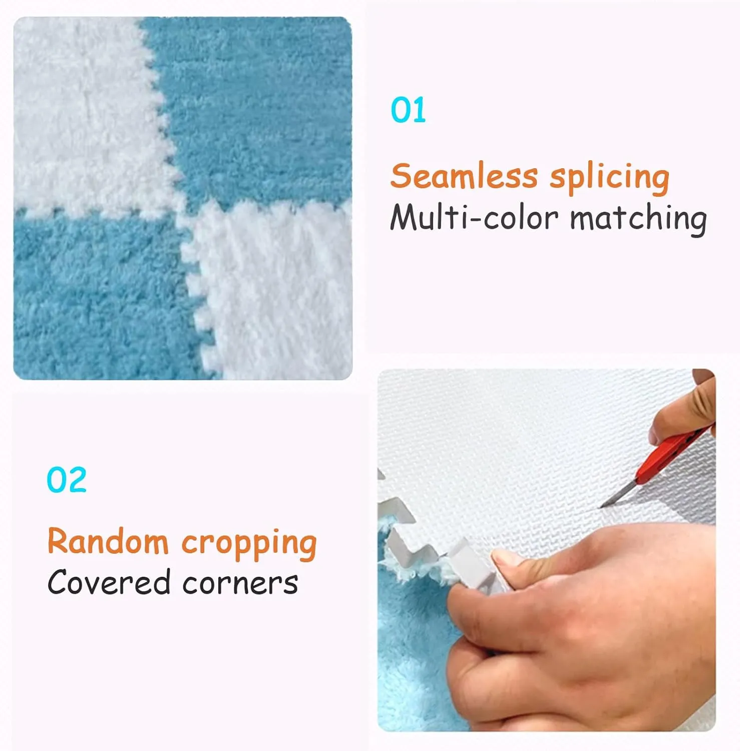 4PCS Square Interlocking Foam Tiles, Soft Plush Carpet Tiles, Fluffy Area Rugs Set, Puzzle Play Mat for Bedroom,Light Blue,12x12inch