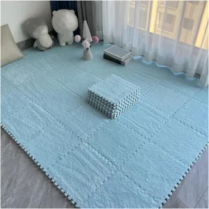 4PCS Square Interlocking Foam Tiles, Soft Plush Carpet Tiles, Fluffy Area Rugs Set, Puzzle Play Mat for Bedroom,Light Blue,12x12inch