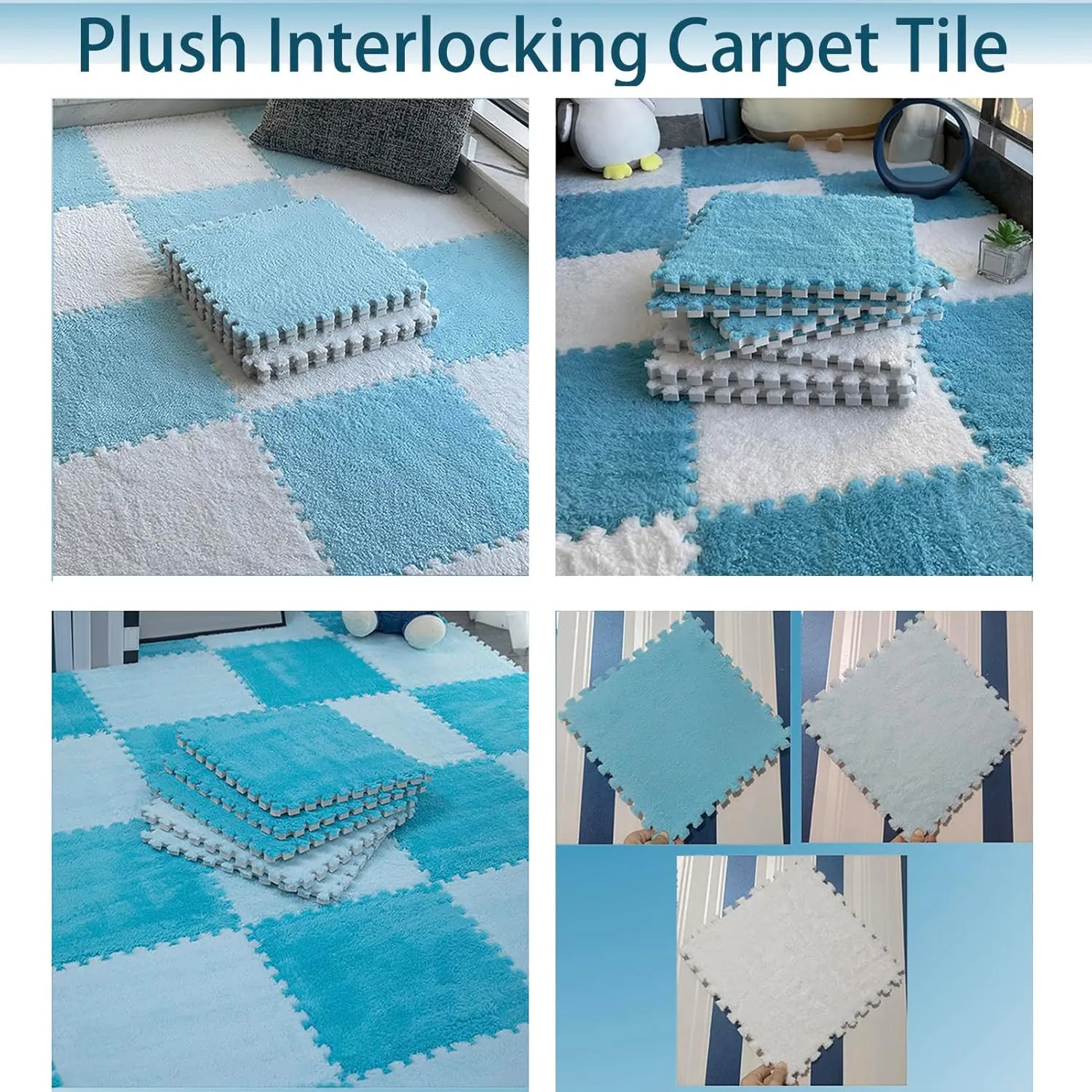 4PCS Square Interlocking Foam Tiles, Soft Plush Carpet Tiles, Fluffy Area Rugs Set, Puzzle Play Mat for Bedroom,Light Blue,12x12inch