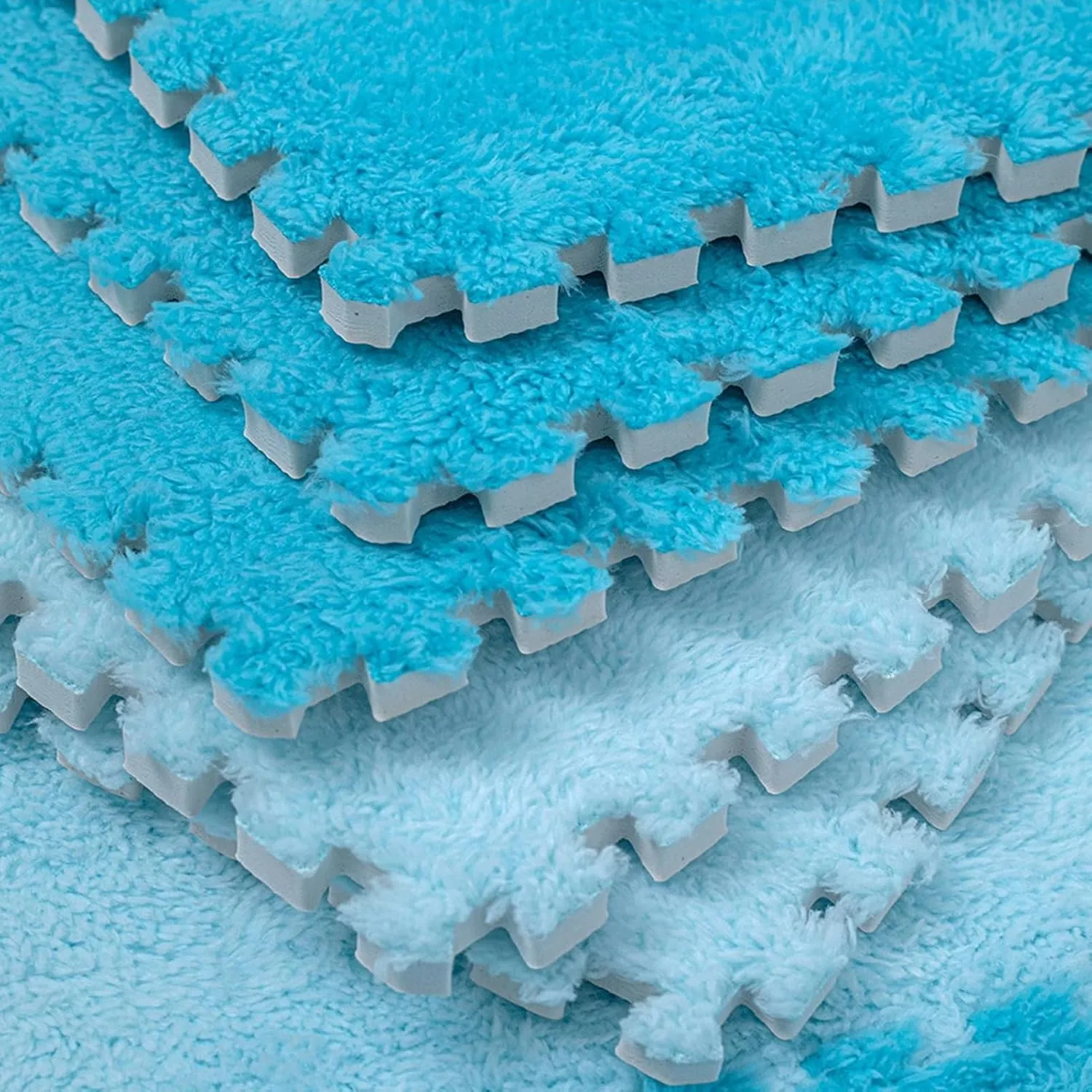 4PCS Square Interlocking Foam Tiles, Soft Plush Carpet Tiles, Fluffy Area Rugs Set, Puzzle Play Mat for Bedroom,Light Blue,12x12inch