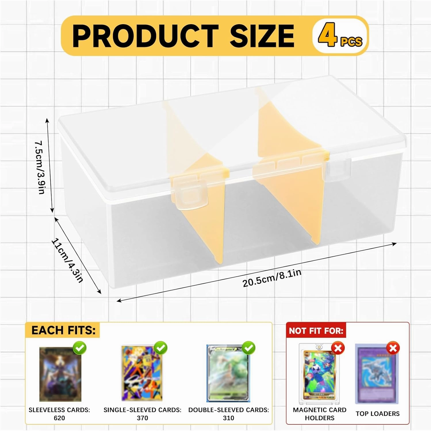 4Pcs Plastic Trading Card Storage Box, Holds 2400  Unsleeved Cards with 4 Dividers, Organizer for MTG, PTCG, YGO, CCG, and Sports Card Collections
