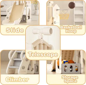 5 in 1 Kids Indoor & Outdoor L Shaped Slide for Toddlers 1-3 with Basketball Hoop and Telescope (Beige)