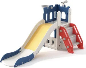 5 in 1 Toddler Slide, Extra-Long Kids Slide for Toddlers Age 1  with Basketball Hoop and Ball, Storage Space, Indoor Outdoor Slide Playset Toddler Playground Climber Playset, Colourful