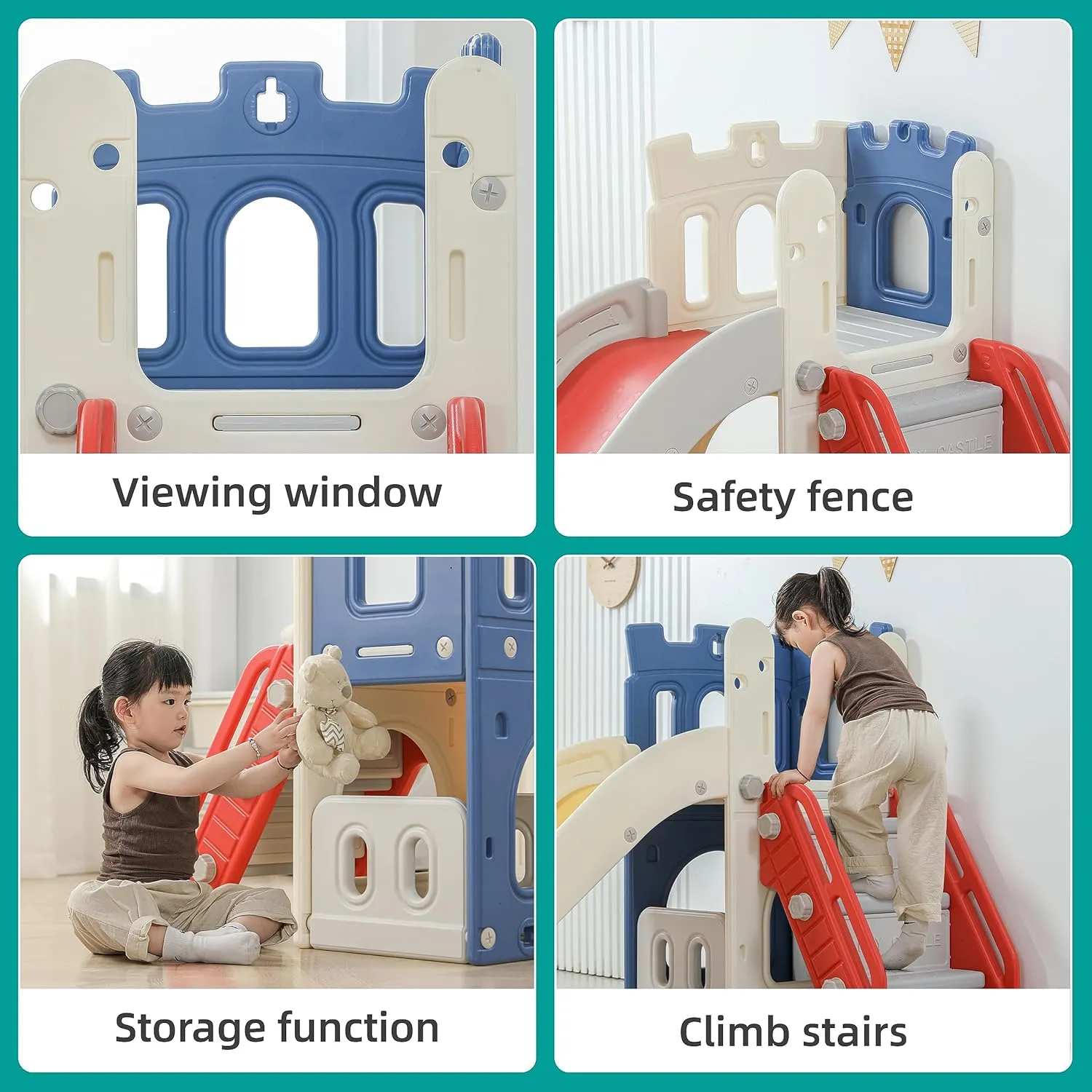 5 in 1 Toddler Slide, Extra-Long Kids Slide for Toddlers Age 1  with Basketball Hoop and Ball, Storage Space, Indoor Outdoor Slide Playset Toddler Playground Climber Playset, Colourful