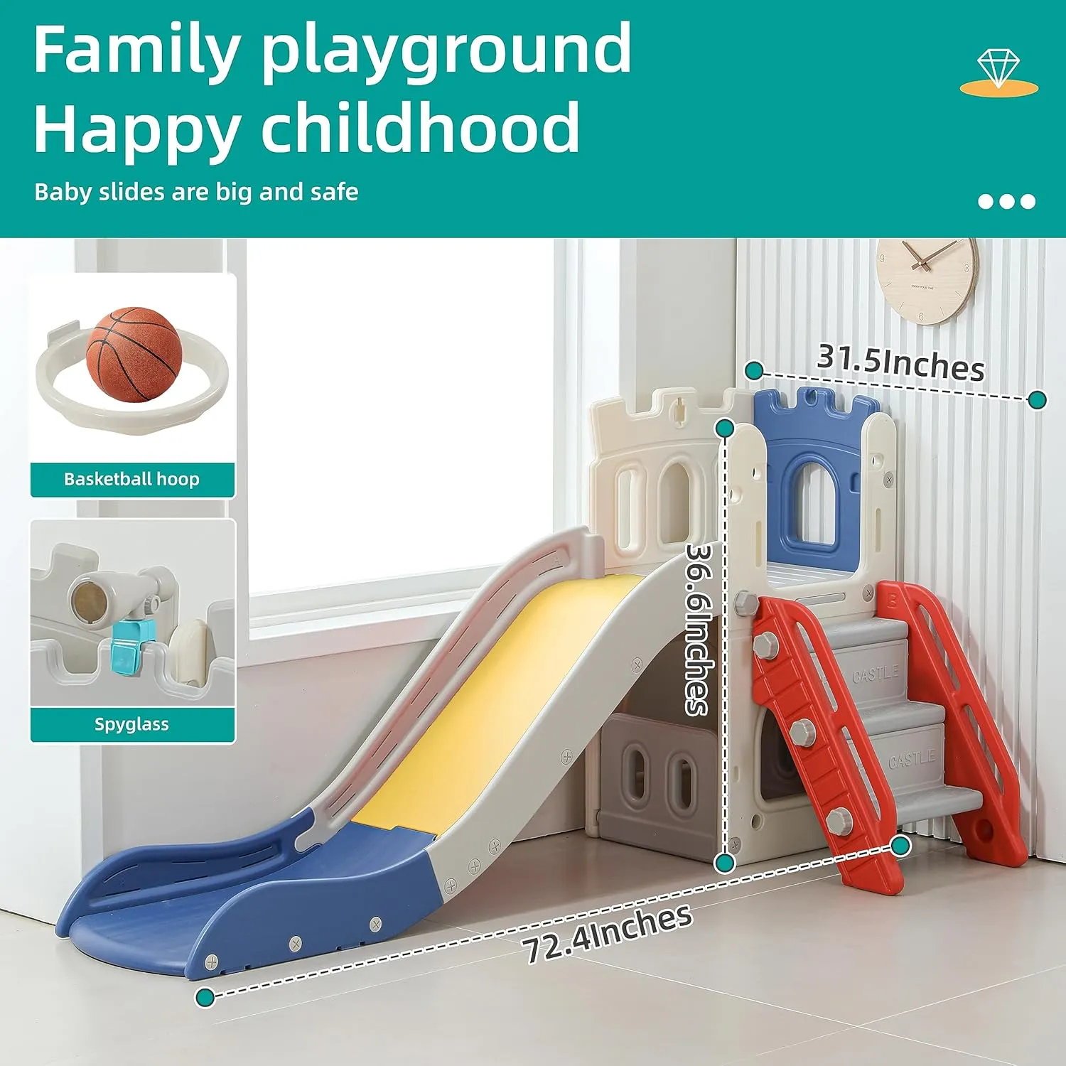 5 in 1 Toddler Slide, Extra-Long Kids Slide for Toddlers Age 1  with Basketball Hoop and Ball, Storage Space, Indoor Outdoor Slide Playset Toddler Playground Climber Playset, Colourful