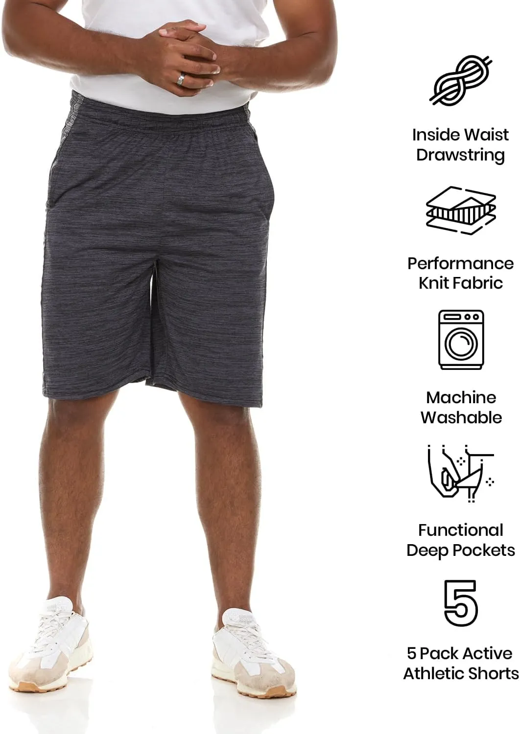 5 Pack: Men's Dry-Fit Sweat Resistant Active Athletic Performance Shorts