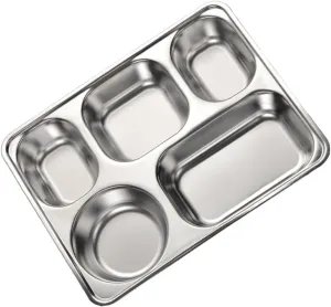5 Section Plate Dividers Large Serving Tray Lid Rectangular Stainless Steel Compartment Plate for Family Dinners School Lunches No Rough Edges