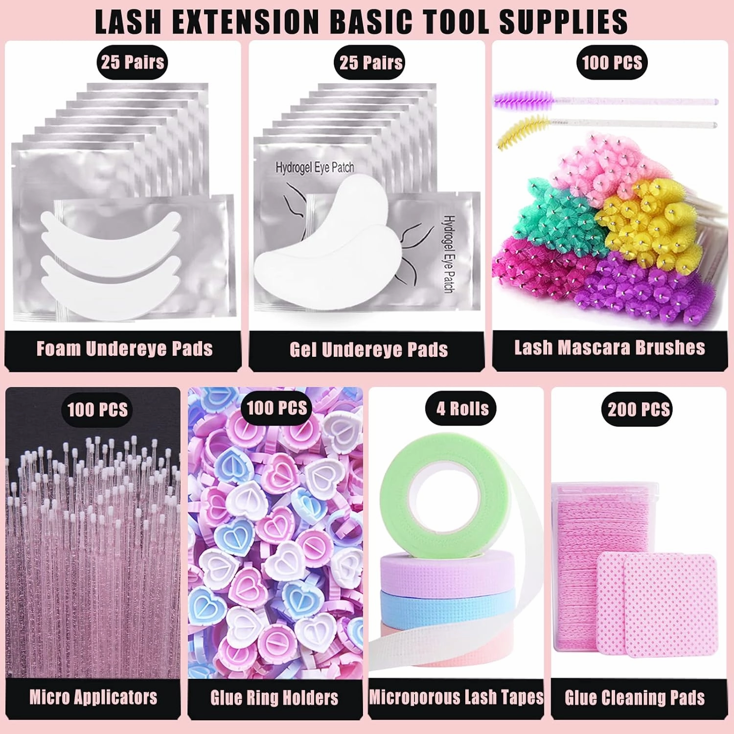 554 PCS Eye Lash Extension Supplies Kit for Lash Tech, 25 Pairs Foam Lash Pads, 25 Pairs Eye Gel Pads, 100 Lash Glue Rings, 100 Eyelash Brushes,100 Micro Applicators, 200 Glue Wipes, 4 Lash Tapes