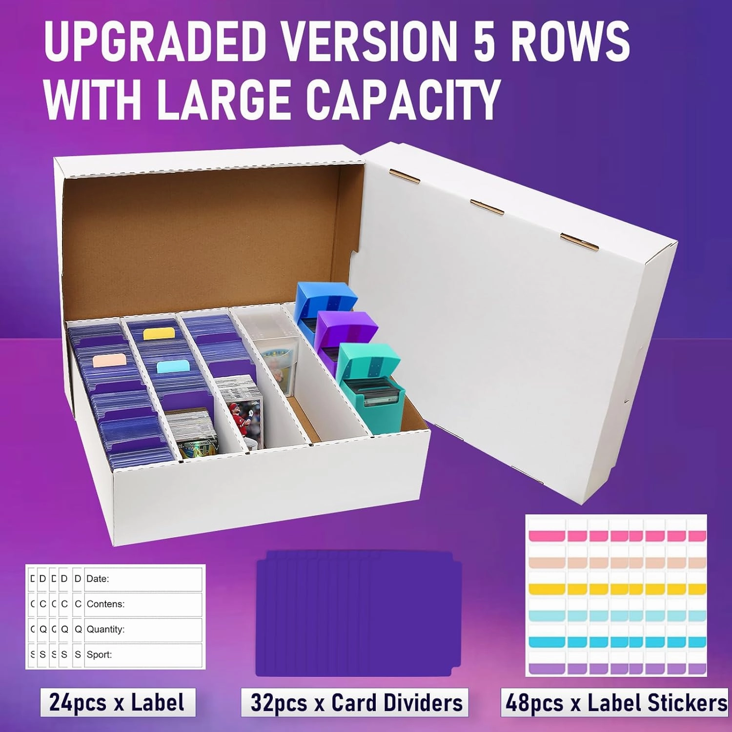 5 Row Trading Card Storage Box,3950-count Cardboard Storage Box with 32 Pcs Dividers 48 Pcs index Labels for Mtg, Tcg, Sports Cards (4 Pack-Large)