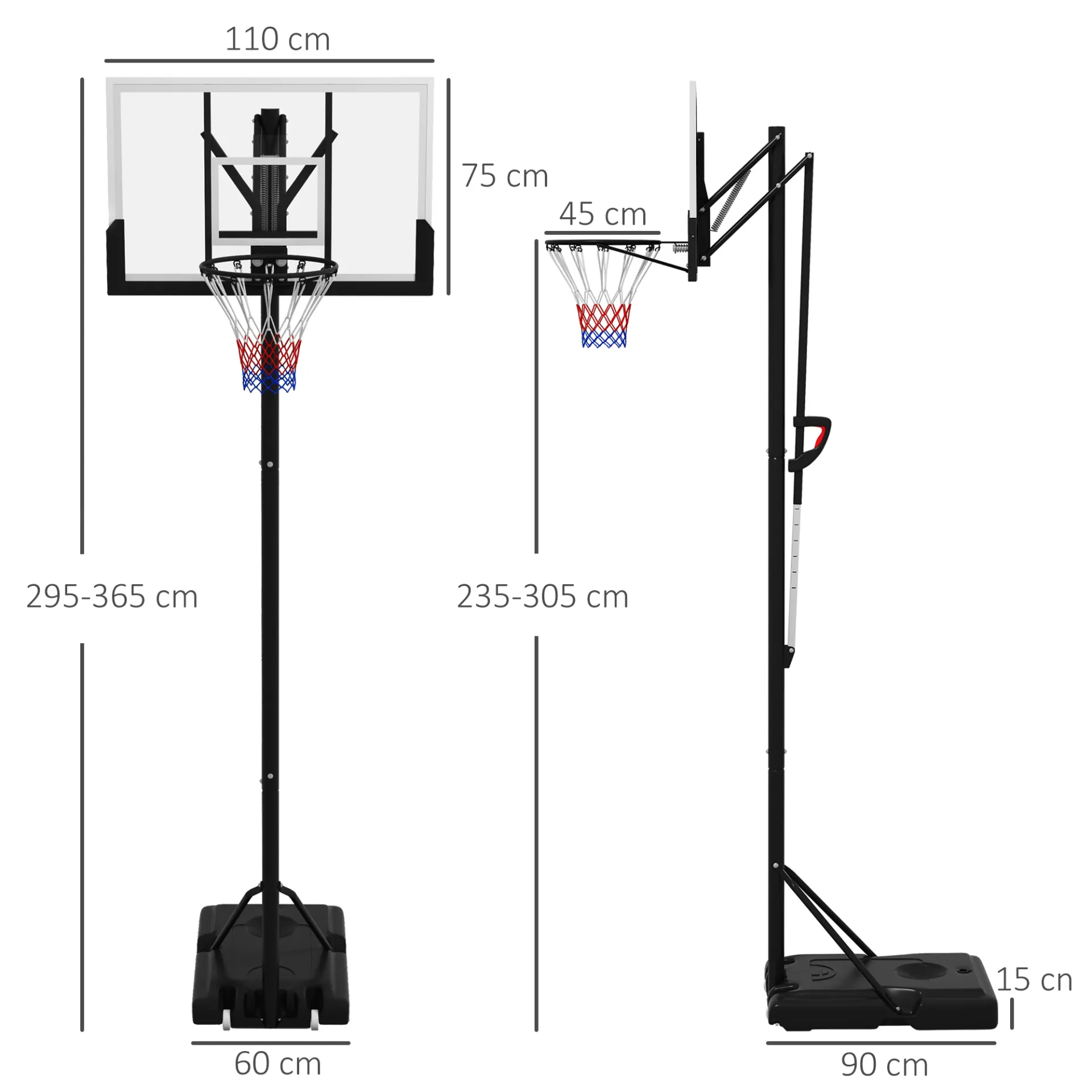 6 Level Height Adjustable Freestanding Basketball Hoop with Stand and Wheels, 2.35M-3.05M | SPORTNOW