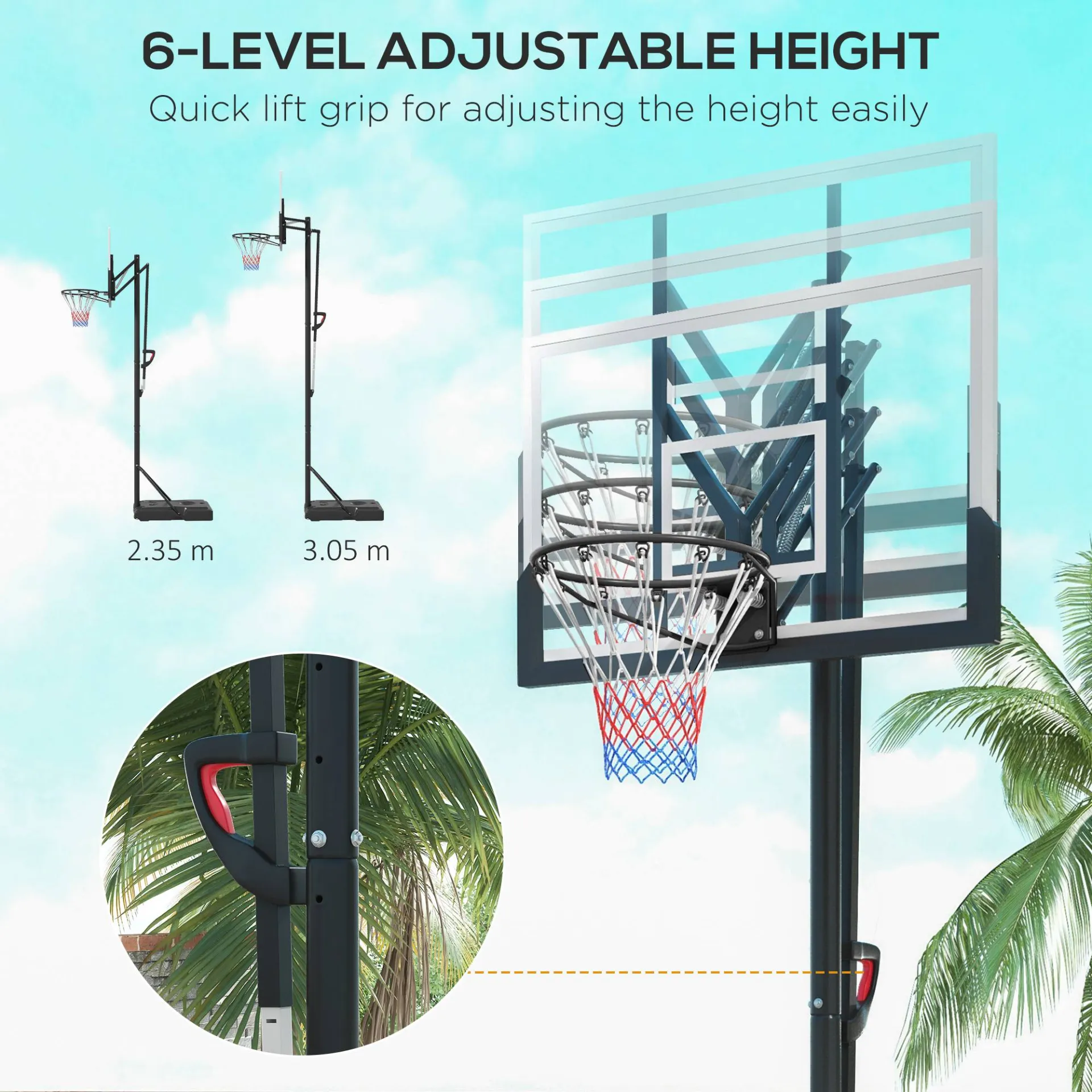 6 Level Height Adjustable Freestanding Basketball Hoop with Stand and Wheels, 2.35M-3.05M | SPORTNOW