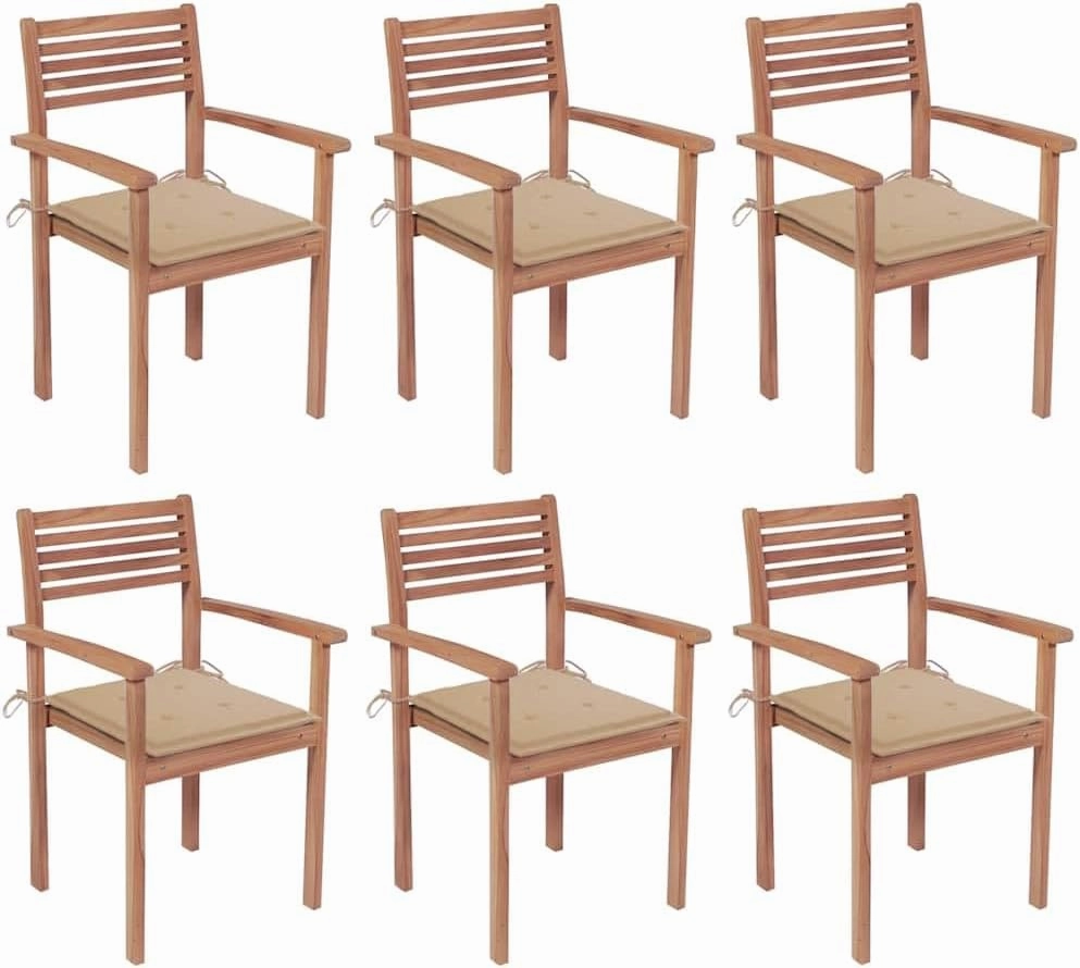 6-Piece Stackable Teak Wood Patio Chairs with Beige Cushions, Outdoor Furniture Set for Garden Poolside Dining Beach Camping