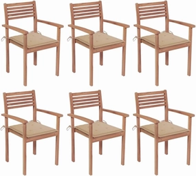 6-Piece Stackable Teak Wood Patio Chairs with Beige Cushions, Outdoor Furniture Set for Garden Poolside Dining Beach Camping
