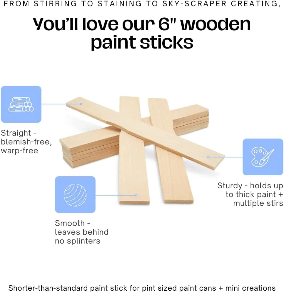 6" inch Paint Sticks, Bag of 100 Hardwood Paint Stirrers, Mixing Paddles for Epoxy or Resin, Garden or Library Markers