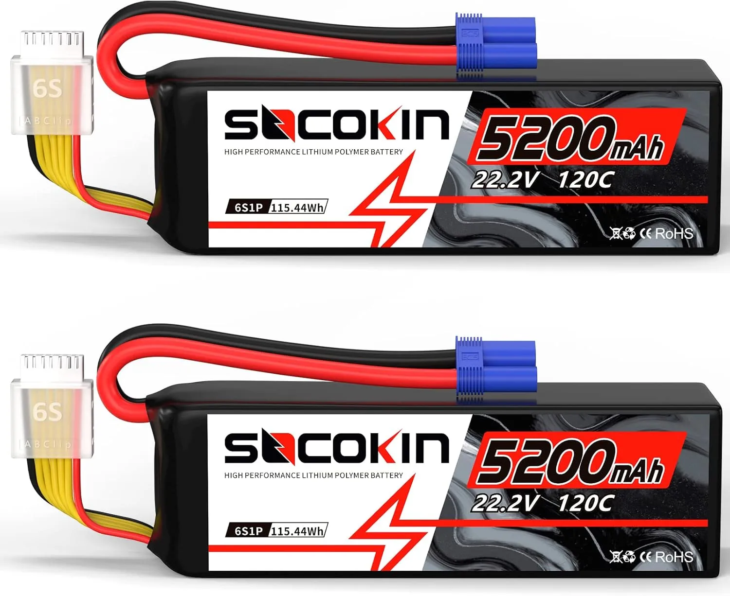 6S Lipo Battery 22.2V 120C 5200mAh RC Battery Soft Case with EC5 Connector Plug for RC Car Airplane Quadcopter Helicopter Truck Boat Hobby (2 Packs)